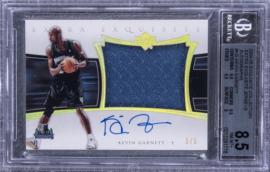 2004-05 UD "Exquisite Collection" Extra Exquisite Jerseys Autographs #KG Kevin Garnett Signed Game Used Patch Card (#5/5) – BGS NM-MT+ 8.5/BGS 10